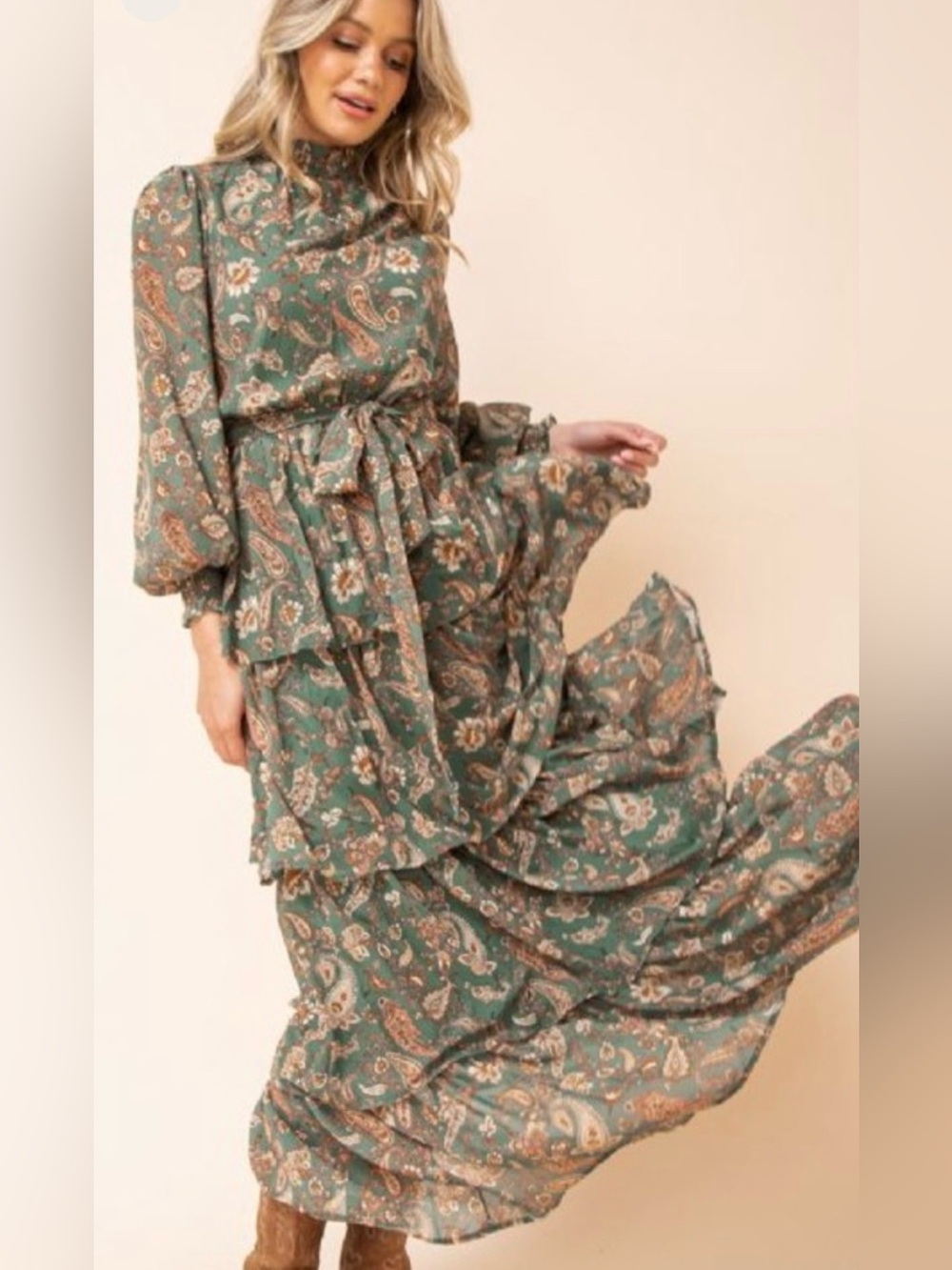 Flying Tomato 🍅 Sage Green Paisley Tiered Long Sleeve Maxi Dress Small